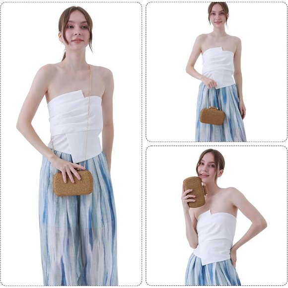 Brown Straw Clutch Purse Women's Hand-Woven Wicker Evening Bag for Summer Weddin - Picture 5 of 7